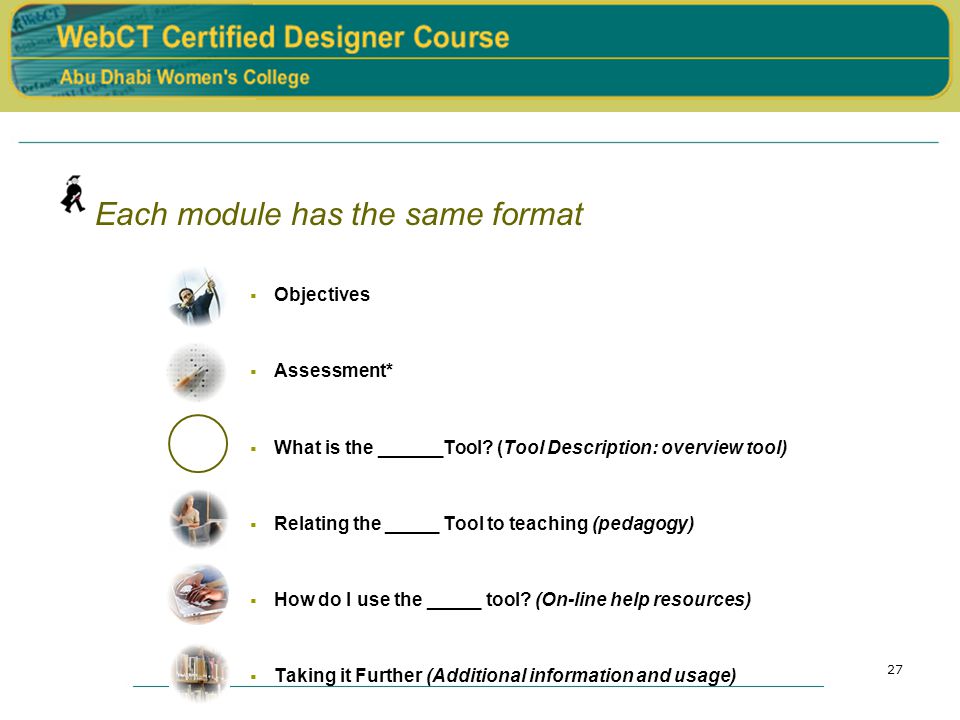 27 Each module has the same format  Objectives  Assessment*  What is the ______Tool.