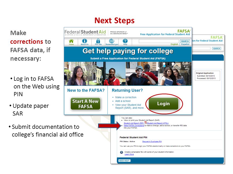 Next Steps Make corrections to FAFSA data, if necessary: Log in to FAFSA on the Web using PIN Update paper SAR Submit documentation to college’s financial aid office