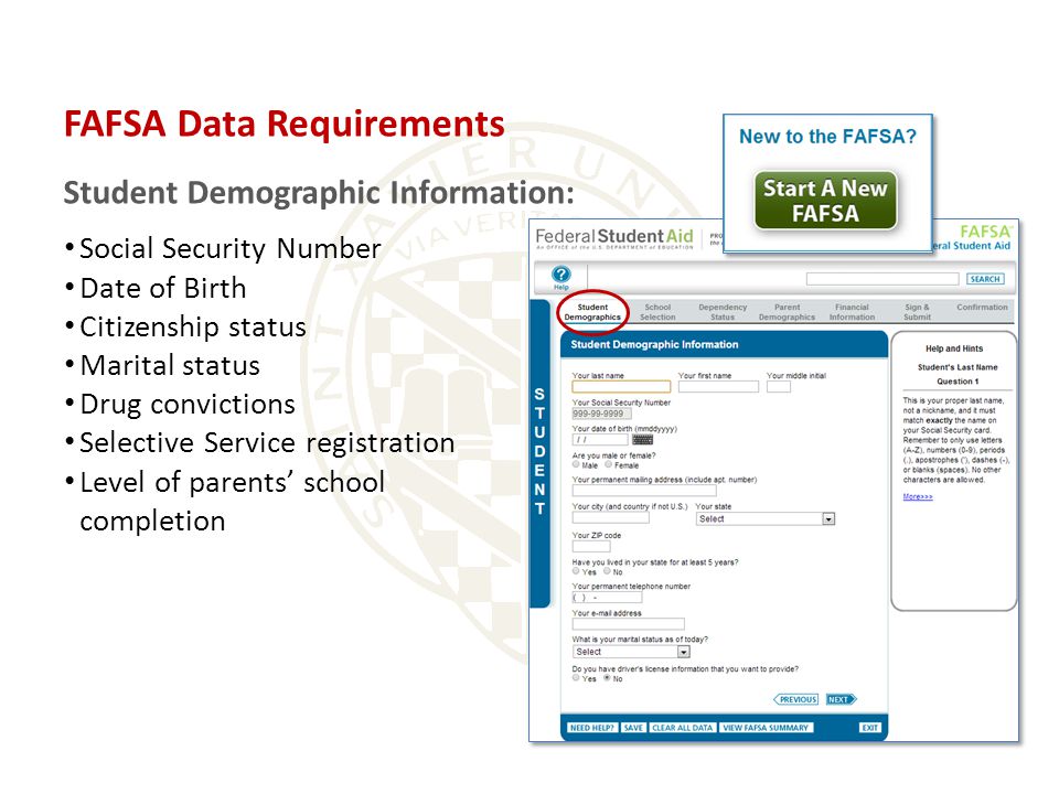 FAFSA Data Requirements Student Demographic Information: Social Security Number Date of Birth Citizenship status Marital status Drug convictions Selective Service registration Level of parents’ school completion