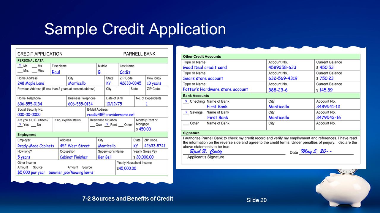 Slide 20 Sample Credit Application 7-2 Sources and Benefits of Credit