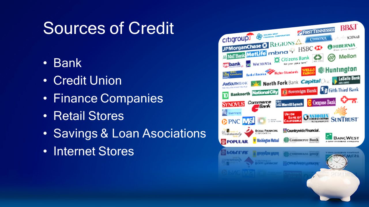 Sources of Credit Bank Credit Union Finance Companies Retail Stores Savings & Loan Asociations Internet Stores