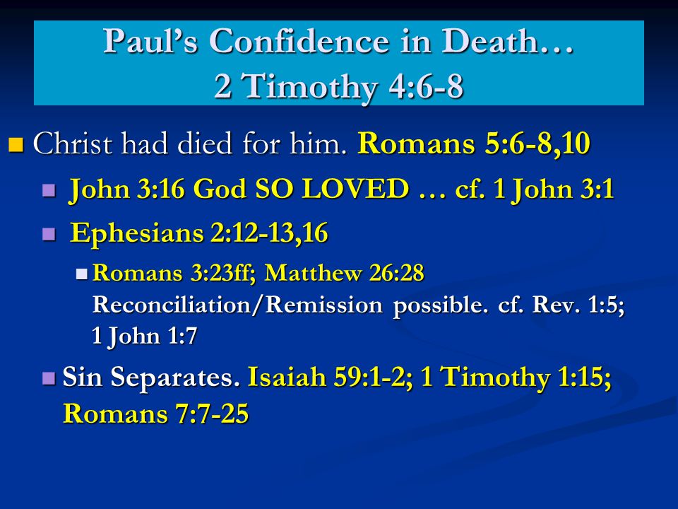 Paul’s Confidence in Death… 2 Timothy 4:6-8 Christ had died for him.