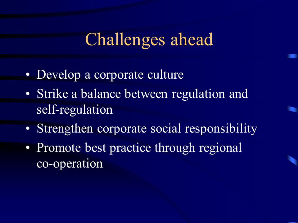 Challenges ahead Develop a corporate culture Strike a balance between regulation and self-regulation Strengthen corporate social responsibility Promote best practice through regional co-operation