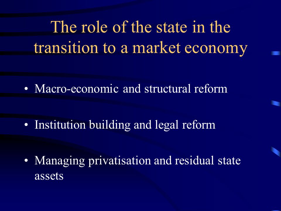 The role of the state in the transition to a market economy Macro-economic and structural reform Institution building and legal reform Managing privatisation and residual state assets