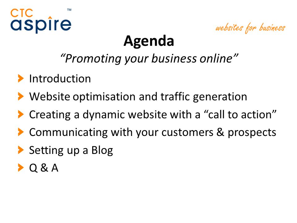 Agenda Promoting your business online Introduction Website optimisation and traffic generation Creating a dynamic website with a call to action Communicating with your customers & prospects Setting up a Blog Q & A