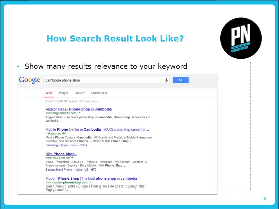 6 How Search Result Look Like Show many results relevance to your keyword