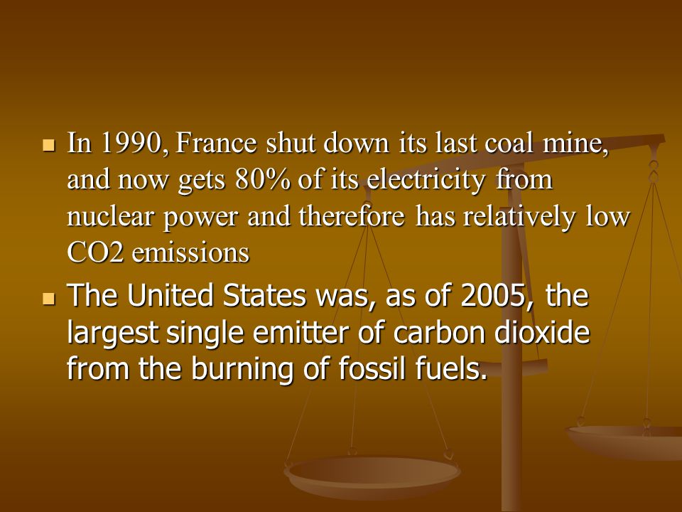In 1990, France shut down its last coal mine, and now gets 80% of its electricity from nuclear power and therefore has relatively low CO2 emissions In 1990, France shut down its last coal mine, and now gets 80% of its electricity from nuclear power and therefore has relatively low CO2 emissions The United States was, as of 2005, the largest single emitter of carbon dioxide from the burning of fossil fuels.