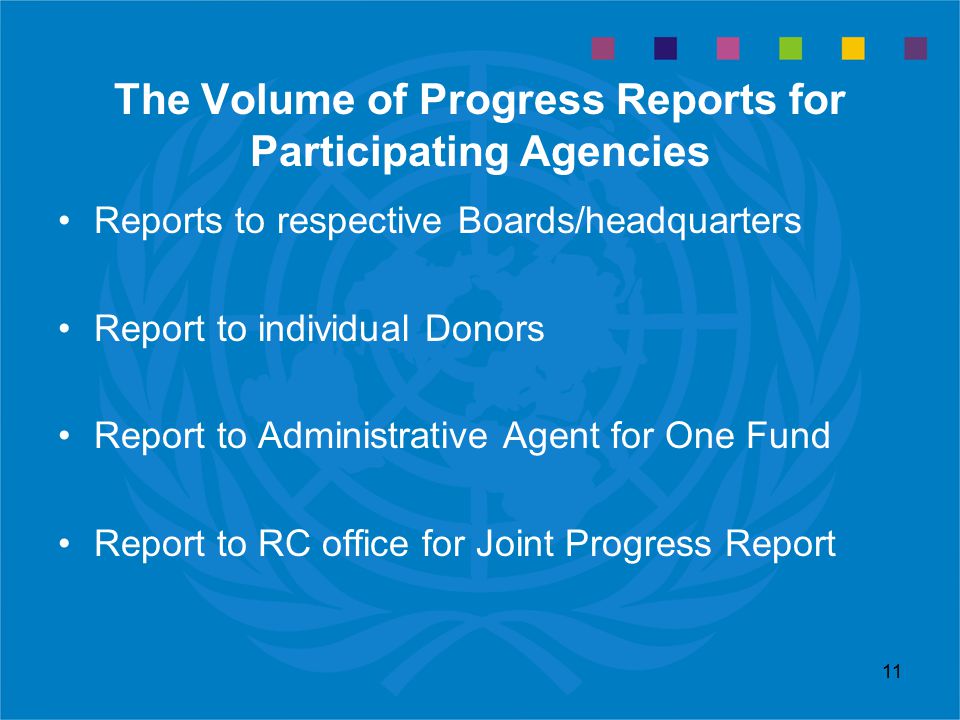 11 The Volume of Progress Reports for Participating Agencies Reports to respective Boards/headquarters Report to individual Donors Report to Administrative Agent for One Fund Report to RC office for Joint Progress Report