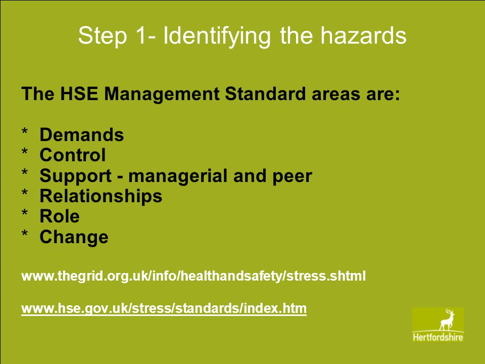 Step 1- Identifying the hazards The HSE Management Standard areas are: *Demands *Control *Support - managerial and peer *Relationships *Role *Change