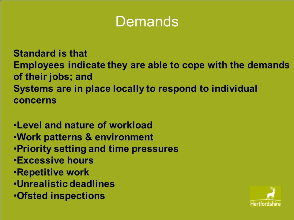 Demands Standard is that Employees indicate they are able to cope with the demands of their jobs; and Systems are in place locally to respond to individual concerns Level and nature of workload Work patterns & environment Priority setting and time pressures Excessive hours Repetitive work Unrealistic deadlines Ofsted inspections