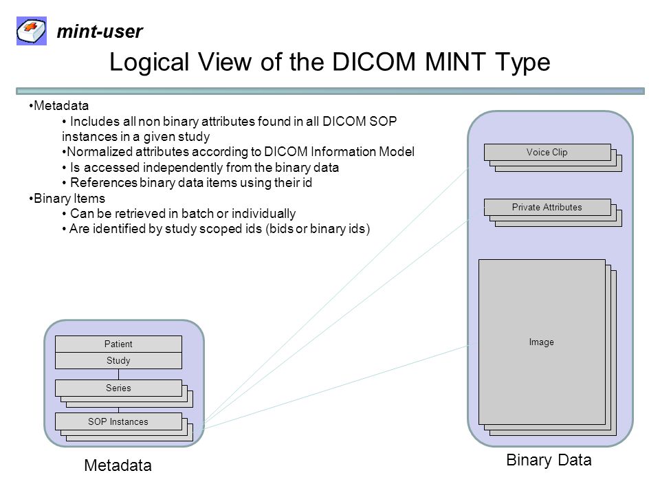 mint-user x Logical View of the DICOM MINT Type Patient Study Metadata Includes all non binary attributes found in all DICOM SOP instances in a given study Normalized attributes according to DICOM Information Model Is accessed independently from the binary data References binary data items using their id Binary Items Can be retrieved in batch or individually Are identified by study scoped ids (bids or binary ids) Metadata Binary Data Series SOP Instances Voice Clip Image Private Attributes