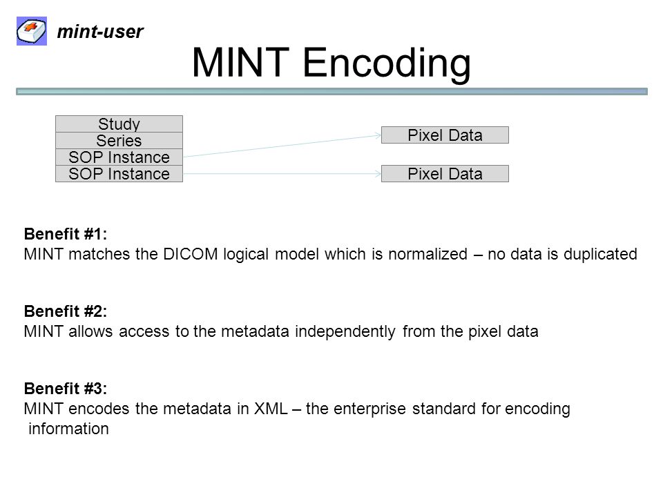 mint-user MINT Encoding Study Series SOP Instance Pixel Data SOP Instance Pixel Data Benefit #1: MINT matches the DICOM logical model which is normalized – no data is duplicated Benefit #2: MINT allows access to the metadata independently from the pixel data Benefit #3: MINT encodes the metadata in XML – the enterprise standard for encoding information