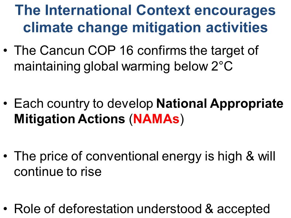 The International Context encourages climate change mitigation activities The Cancun COP 16 confirms the target of maintaining global warming below 2°C Each country to develop National Appropriate Mitigation Actions (NAMAs) The price of conventional energy is high & will continue to rise Role of deforestation understood & accepted