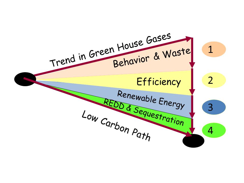 Trend in Green House Gases Low Carbon Path Behavior & Waste Efficiency Renewable Energy REDD & Sequestration