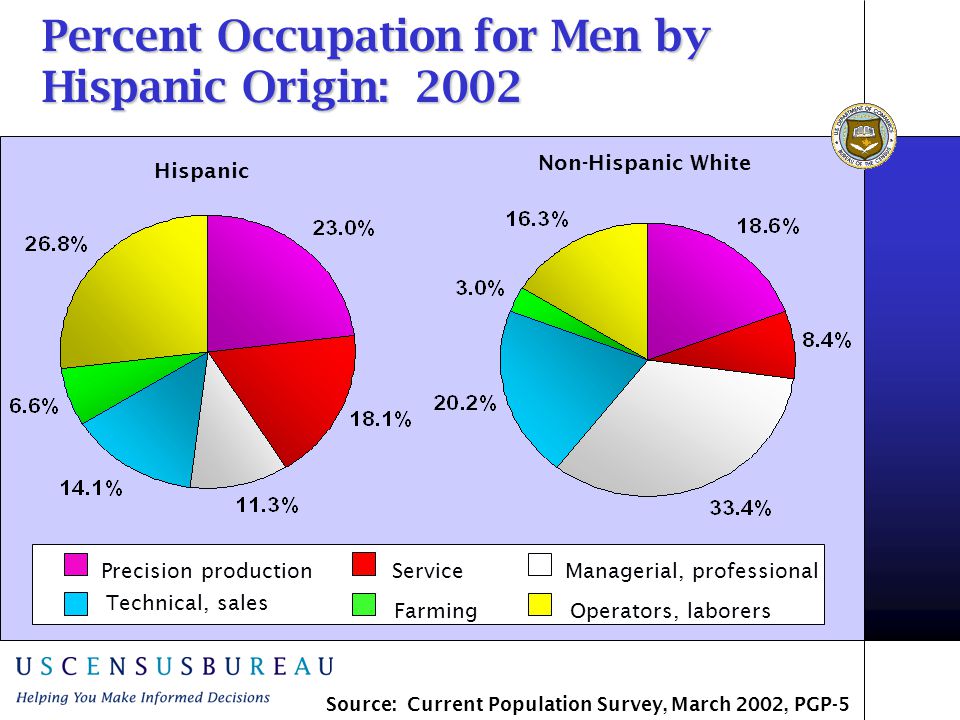 Percent Occupation for Men by Hispanic Origin: 2002 Hispanic Non-Hispanic White ServicePrecision production Farming Managerial, professional Technical, sales Operators, laborers Source: Current Population Survey, March 2002, PGP-5