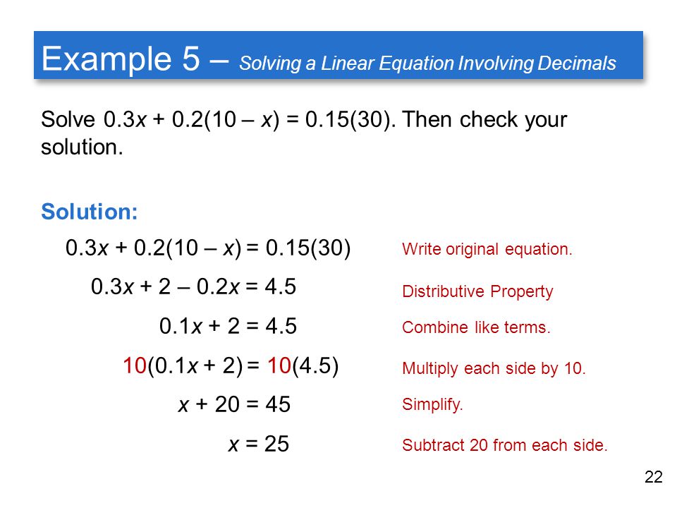 Linear Equations With Decimals Talkchannels 22 Example 5 Solving A Linear Equation Involving Decimals Solve 0 3x 2