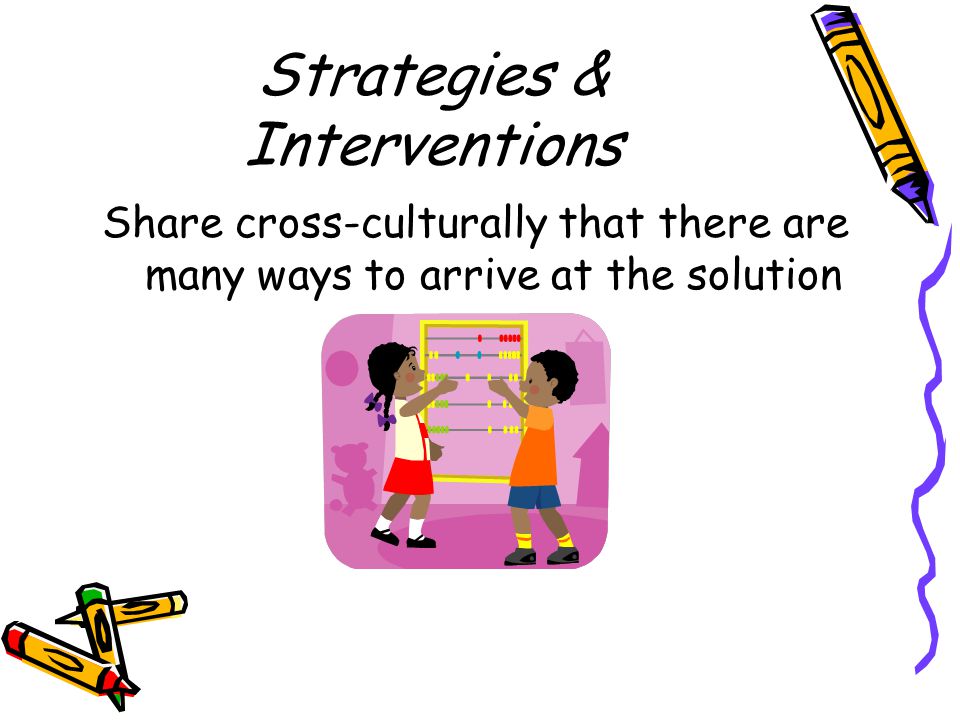 Strategies & Interventions Provide opportunities to work within a group to solve math problems –Practice language –Teach one another –Learn from each other –Become more active learners