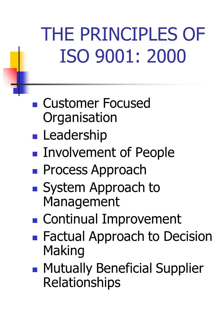 THE PRINCIPLES OF ISO 9001: 2000 Customer Focused Organisation Leadership Involvement of People Process Approach System Approach to Management Continual Improvement Factual Approach to Decision Making Mutually Beneficial Supplier Relationships