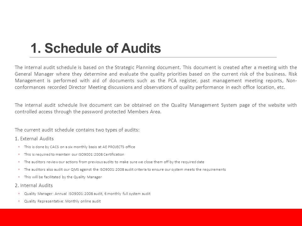 1. Schedule of Audits The internal audit schedule is based on the Strategic Planning document.