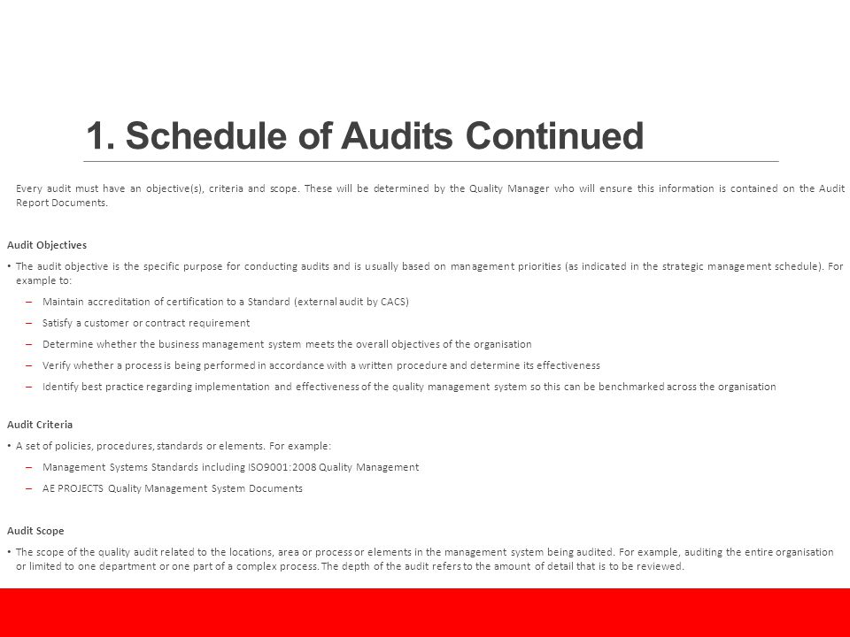 1. Schedule of Audits Continued Every audit must have an objective(s), criteria and scope.