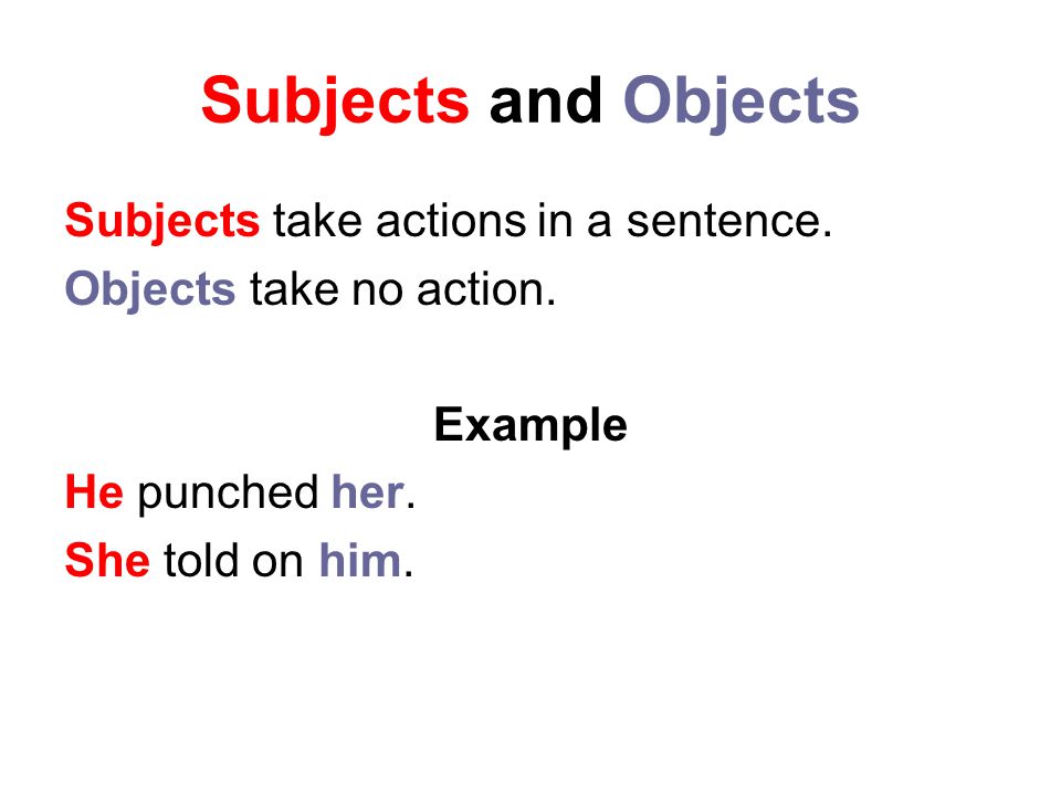 Subjects and Objects Subjects take actions in a sentence.