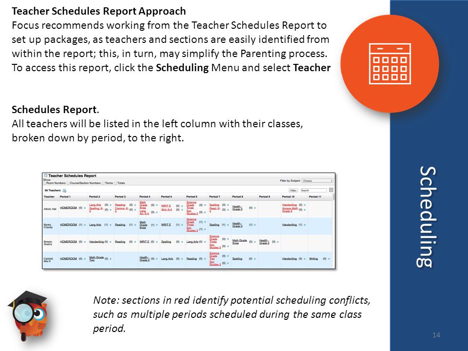 Scheduling Teacher Schedules Report Approach Focus recommends working from the Teacher Schedules Report to set up packages, as teachers and sections are easily identified from within the report; this, in turn, may simplify the Parenting process.