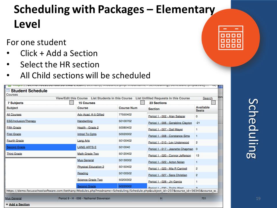 Scheduling Scheduling with Packages – Elementary Level For one student Click + Add a Section Select the HR section All Child sections will be scheduled 19