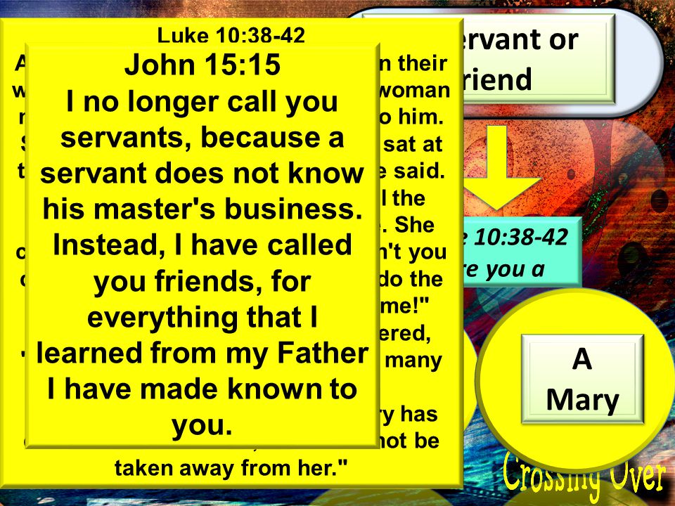 Luke 10:38-42 Are you a A Martha A Mary A Servant or Friend Luke 10:38-42 As Jesus and his disciples were on their way, he came to a village where a woman named Martha opened her home to him.