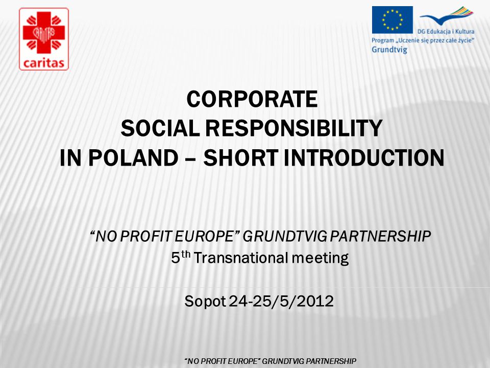 CORPORATE SOCIAL RESPONSIBILITY IN POLAND – SHORT INTRODUCTION NO PROFIT EUROPE GRUNDTVIG PARTNERSHIP 5 th Transnational meeting Sopot 24-25/5/2012 NO PROFIT EUROPE GRUNDTVIG PARTNERSHIP
