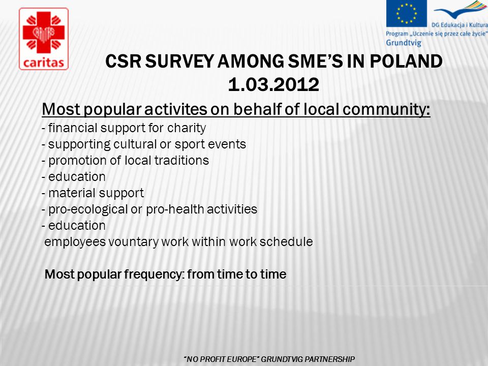 CSR SURVEY AMONG SME’S IN POLAND NO PROFIT EUROPE GRUNDTVIG PARTNERSHIP Most popular activites on behalf of local community: - financial support for charity - supporting cultural or sport events - promotion of local traditions - education - material support - pro-ecological or pro-health activities - education - employees vountary work within work schedule - Most popular frequency: from time to time