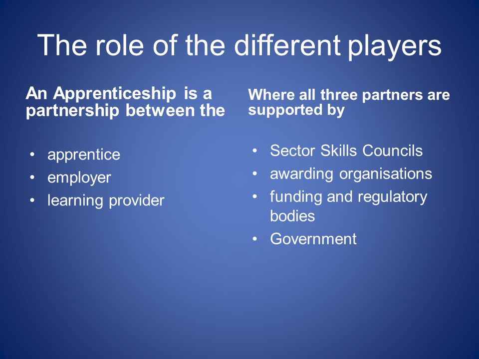 The role of the different players An Apprenticeship is a partnership between the apprentice employer learning provider Where all three partners are supported by Sector Skills Councils awarding organisations funding and regulatory bodies Government