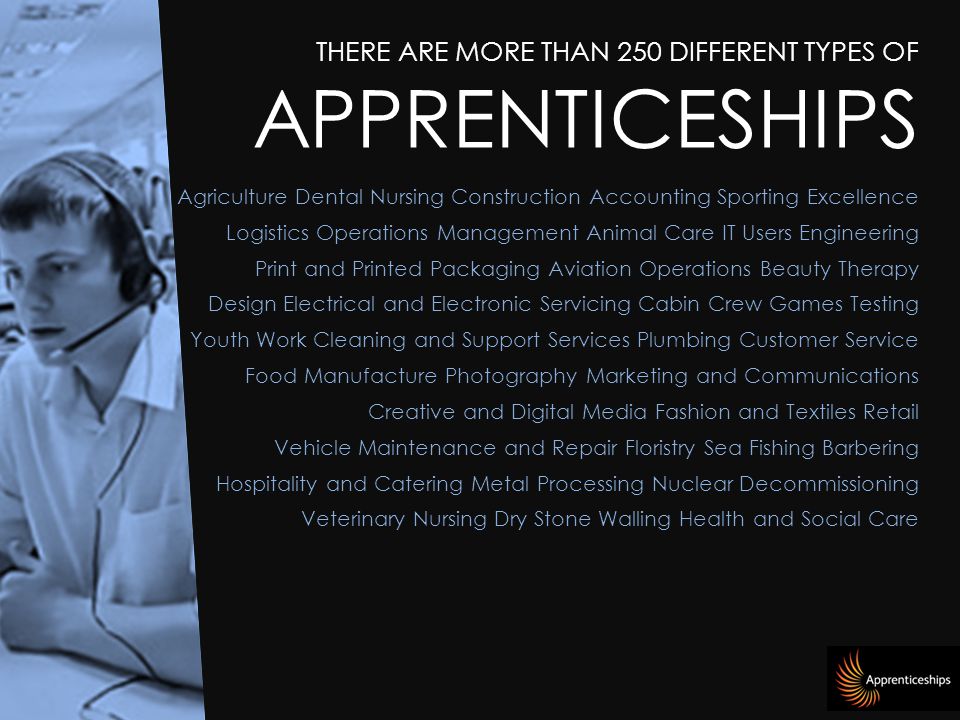 THERE ARE MORE THAN 250 DIFFERENT TYPES OF APPRENTICESHIPS Agriculture Dental Nursing Construction Accounting Sporting Excellence Logistics Operations Management Animal Care IT Users Engineering Print and Printed Packaging Aviation Operations Beauty Therapy Design Electrical and Electronic Servicing Cabin Crew Games Testing Youth Work Cleaning and Support Services Plumbing Customer Service Food Manufacture Photography Marketing and Communications Creative and Digital Media Fashion and Textiles Retail Vehicle Maintenance and Repair Floristry Sea Fishing Barbering Hospitality and Catering Metal Processing Nuclear Decommissioning Veterinary Nursing Dry Stone Walling Health and Social Care
