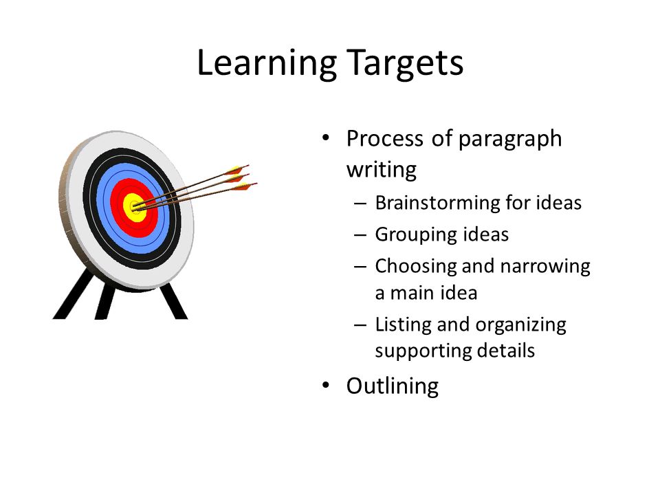 Learning Targets Process of paragraph writing – Brainstorming for ideas – Grouping ideas – Choosing and narrowing a main idea – Listing and organizing supporting details Outlining