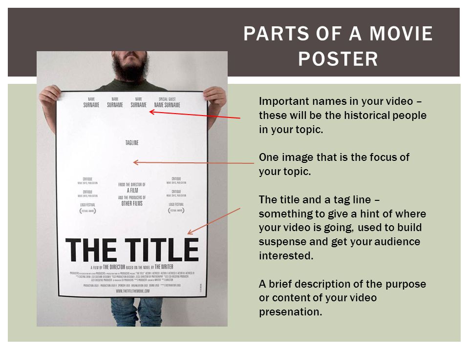 PARTS OF A MOVIE POSTER Important names in your video – these will be the historical people in your topic.