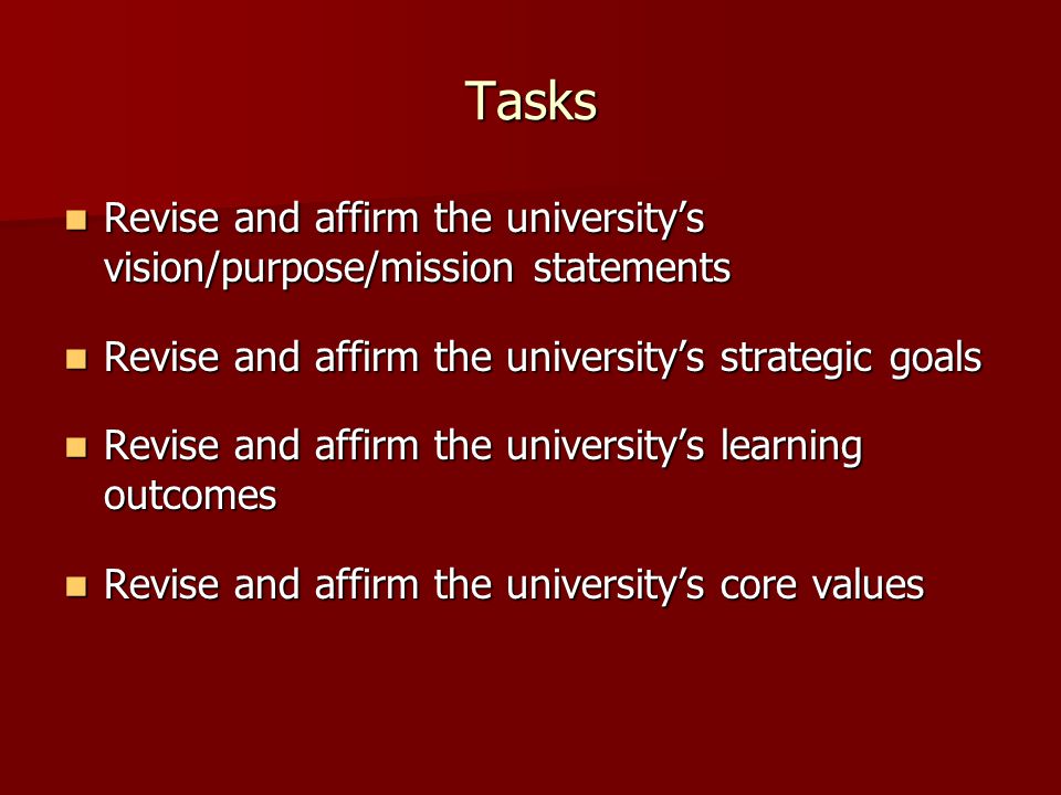 Tasks Revise and affirm the university’s vision/purpose/mission statements Revise and affirm the university’s vision/purpose/mission statements Revise and affirm the university’s strategic goals Revise and affirm the university’s strategic goals Revise and affirm the university’s learning outcomes Revise and affirm the university’s learning outcomes Revise and affirm the university’s core values Revise and affirm the university’s core values