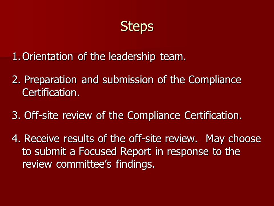 Steps 1.Orientation of the leadership team. 2.