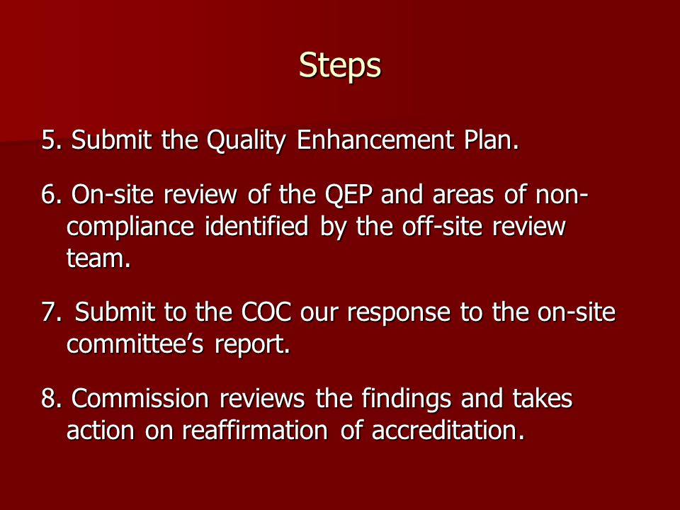 Steps 5. Submit the Quality Enhancement Plan. 6.