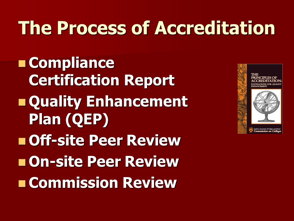 The Process of Accreditation Compliance Certification Report Compliance Certification Report Quality Enhancement Plan (QEP) Quality Enhancement Plan (QEP) Off-site Peer Review Off-site Peer Review On-site Peer Review On-site Peer Review Commission Review Commission Review