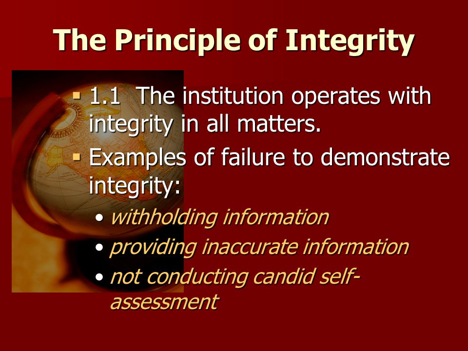 The Principle of Integrity  1.1 The institution operates with integrity in all matters.