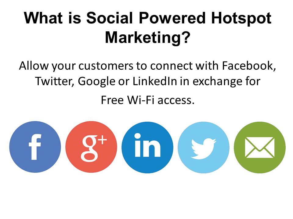 Allow your customers to connect with Facebook, Twitter, Google or LinkedIn in exchange for Free Wi-Fi access.