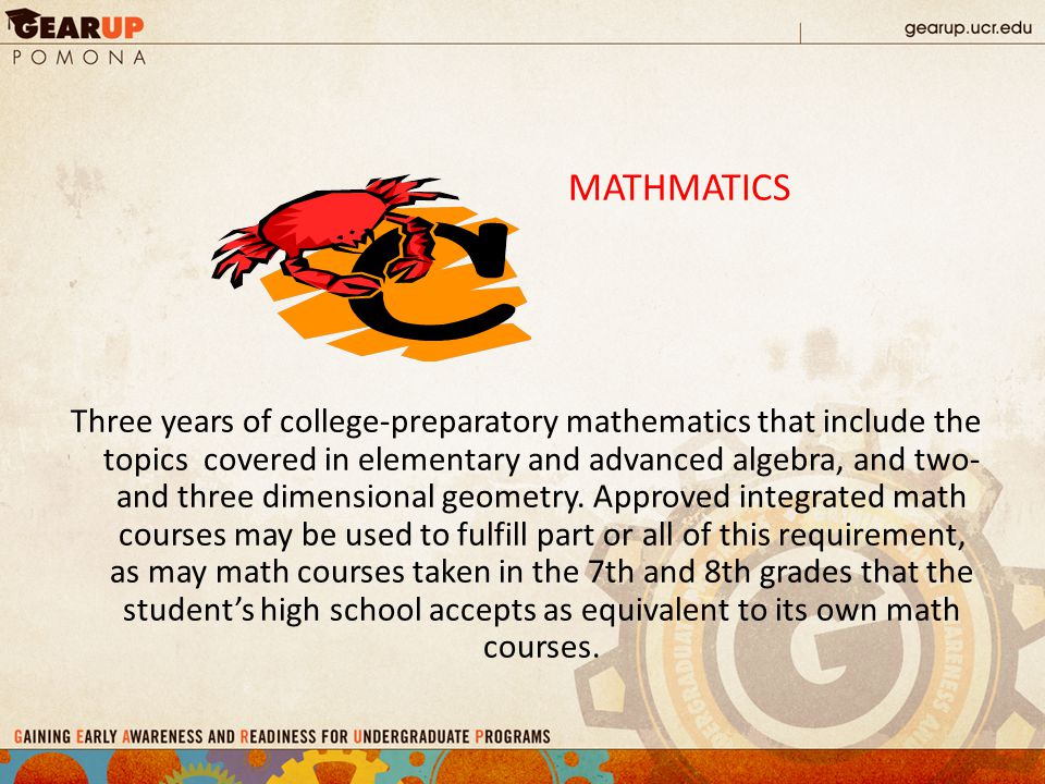 MATHMATICS Three years of college-preparatory mathematics that include the topics covered in elementary and advanced algebra, and two- and three dimensional geometry.