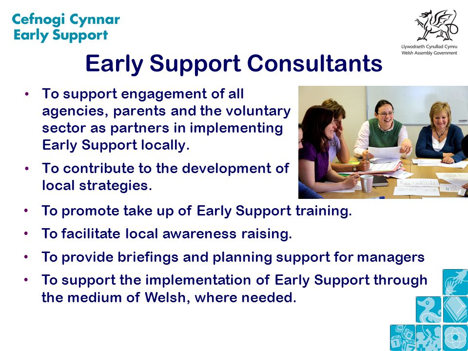 Early Support Consultants To support engagement of all agencies, parents and the voluntary sector as partners in implementing Early Support locally.