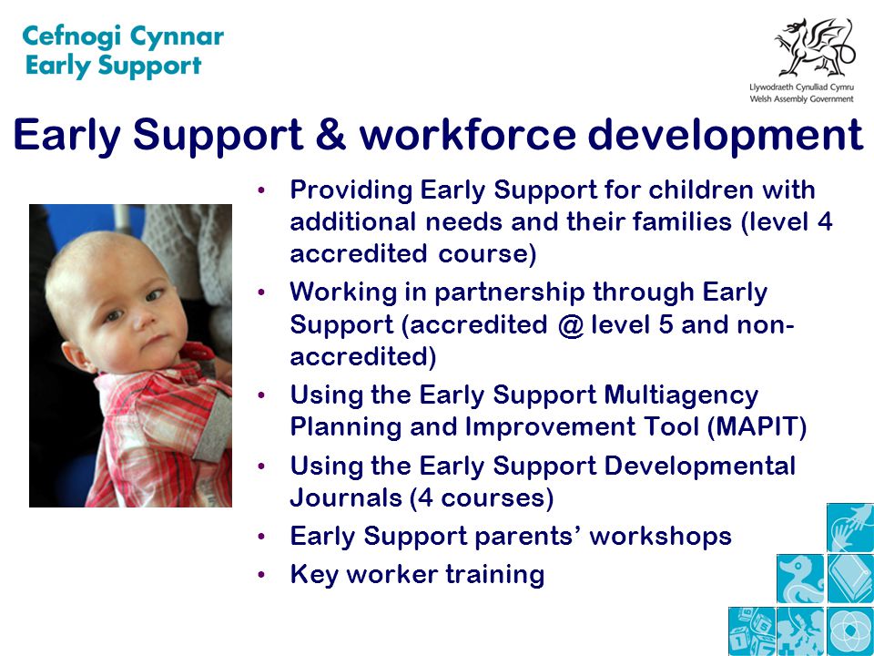 Early Support & workforce development Providing Early Support for children with additional needs and their families (level 4 accredited course) Working in partnership through Early Support level 5 and non- accredited) Using the Early Support Multiagency Planning and Improvement Tool (MAPIT) Using the Early Support Developmental Journals (4 courses) Early Support parents’ workshops Key worker training
