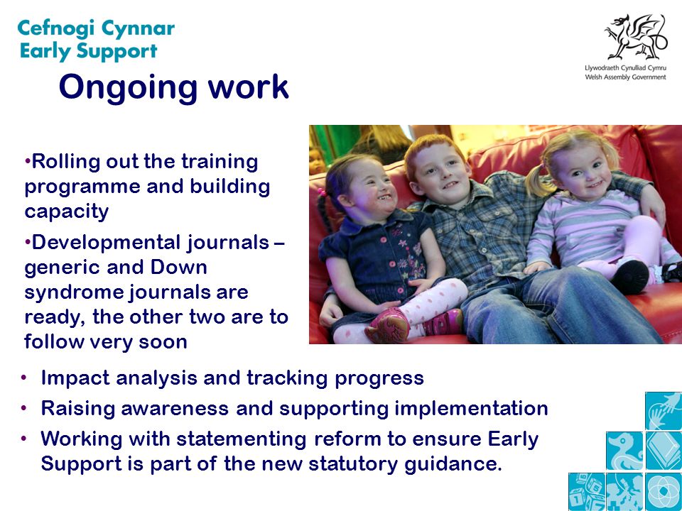 Ongoing work Rolling out the training programme and building capacity Developmental journals – generic and Down syndrome journals are ready, the other two are to follow very soon Impact analysis and tracking progress Raising awareness and supporting implementation Working with statementing reform to ensure Early Support is part of the new statutory guidance.