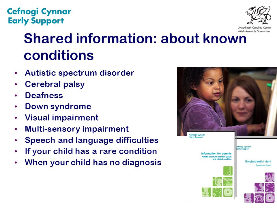 Shared information: about known conditions Autistic spectrum disorder Cerebral palsy Deafness Down syndrome Visual impairment Multi-sensory impairment Speech and language difficulties If your child has a rare condition When your child has no diagnosis