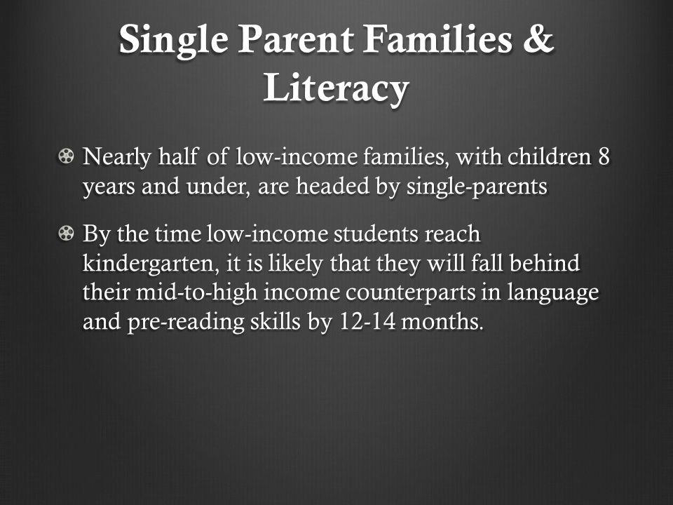 Single Parent Families & Literacy Nearly half of low-income families, with children 8 years and under, are headed by single-parents By the time low-income students reach kindergarten, it is likely that they will fall behind their mid-to-high income counterparts in language and pre-reading skills by months.