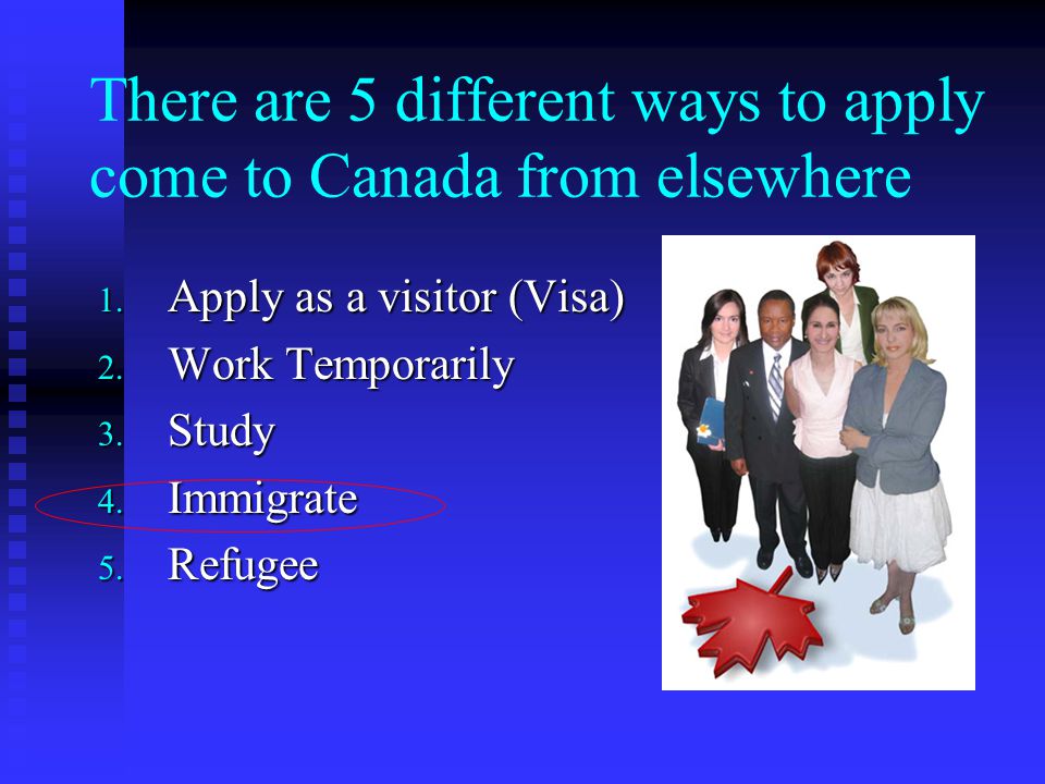 There are 5 different ways to apply come to Canada from elsewhere 1.