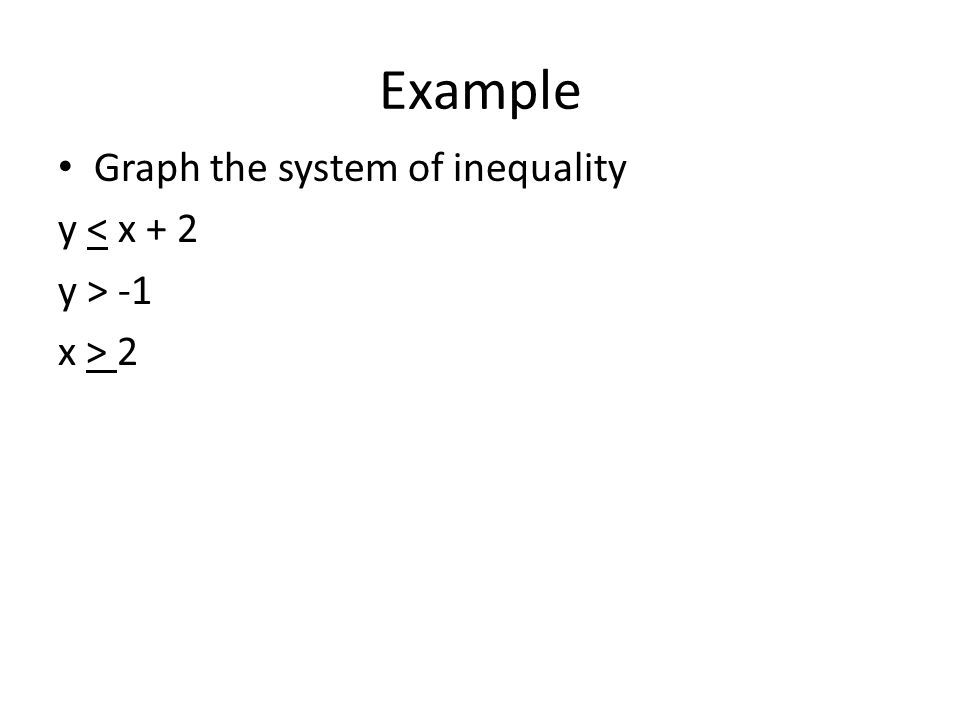 Example Graph the system of inequality y < x + 2 y > -1 x > 2