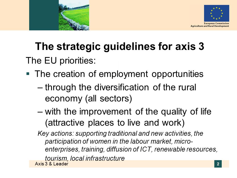 Axis 3 & Leader 2 The strategic guidelines for axis 3 The EU priorities:  The creation of employment opportunities –through the diversification of the rural economy (all sectors) –with the improvement of the quality of life (attractive places to live and work) Key actions: supporting traditional and new activities, the participation of women in the labour market, micro- enterprises, training, diffusion of ICT, renewable resources, tourism, local infrastructure