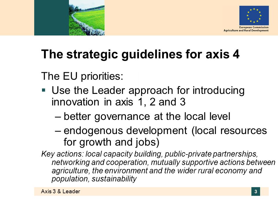 Axis 3 & Leader 3 The strategic guidelines for axis 4 The EU priorities:  Use the Leader approach for introducing innovation in axis 1, 2 and 3 –better governance at the local level –endogenous development (local resources for growth and jobs) Key actions: local capacity building, public-private partnerships, networking and cooperation, mutually supportive actions between agriculture, the environment and the wider rural economy and population, sustainability